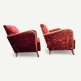 Pair of Art Deco club armchairs in burgundy red velvet, 1930s