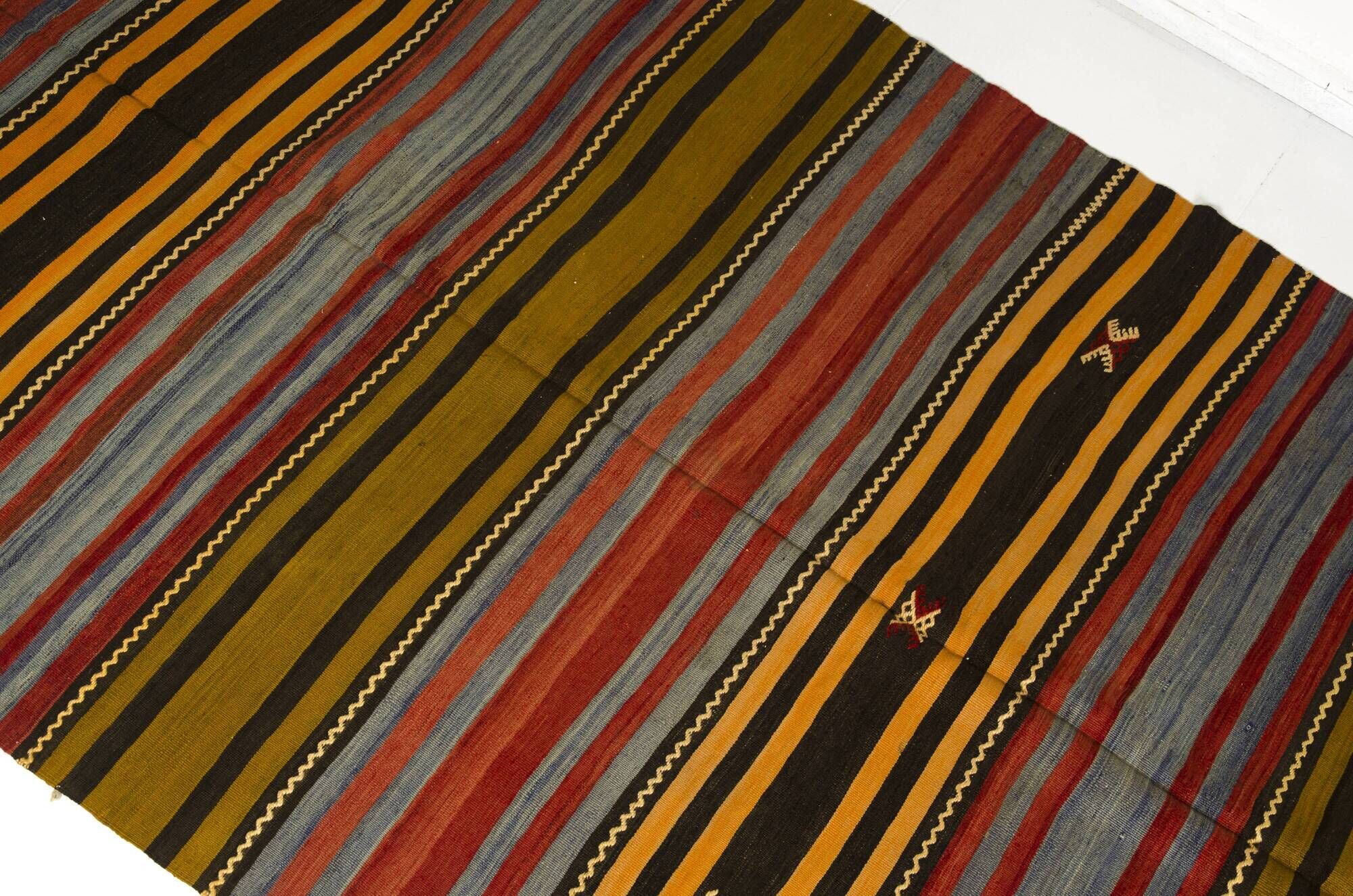 Large Vintage Striped Anatolian Hand-Woven Wool & Cotton Rugsku-135
