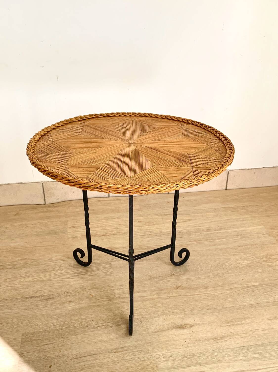 Vintage straw marquetry side table
