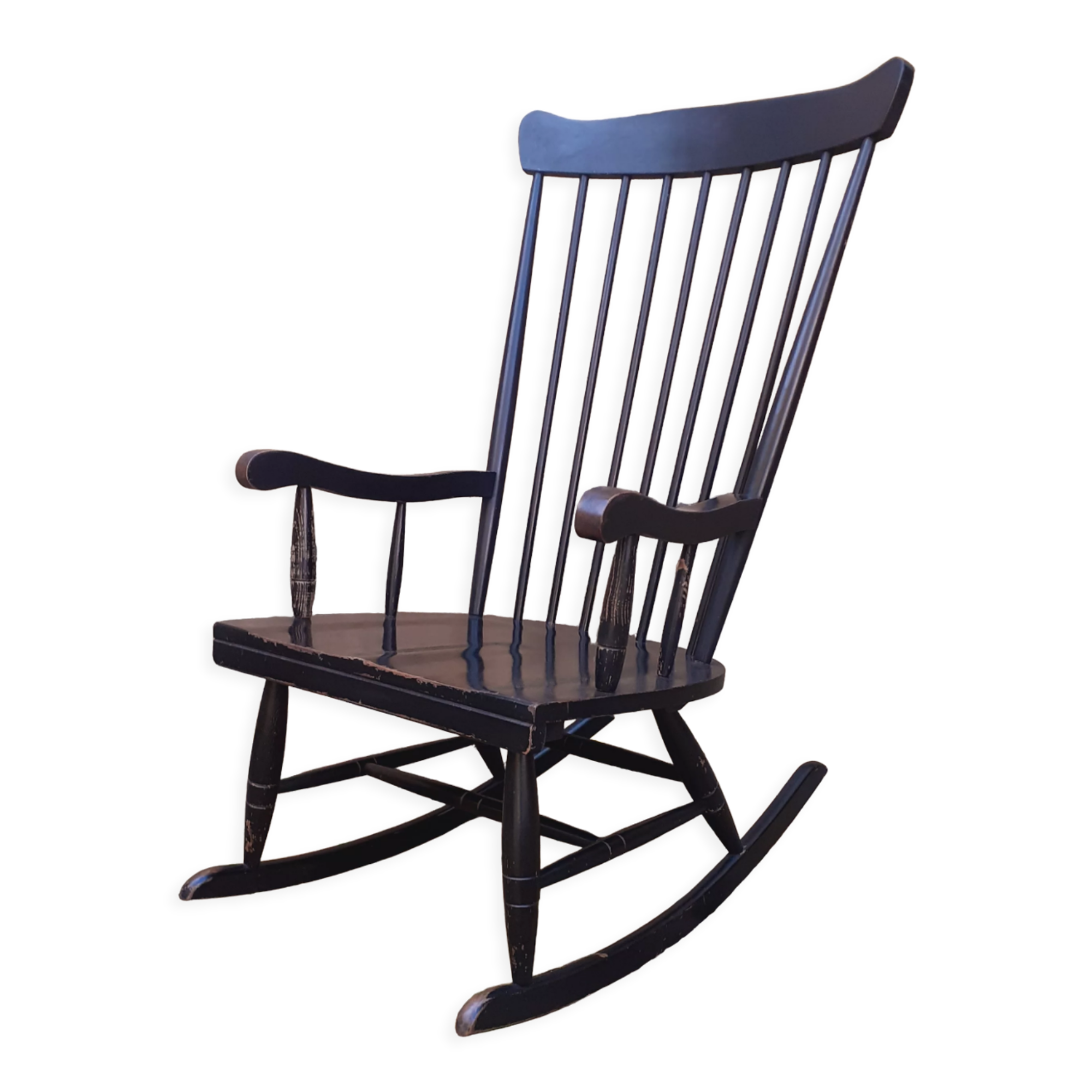 Rocking-chair vintage 50s in black lacquered wood