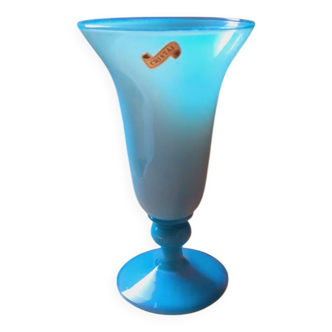 Vase pied douche en cristal bleu opalescent année 50