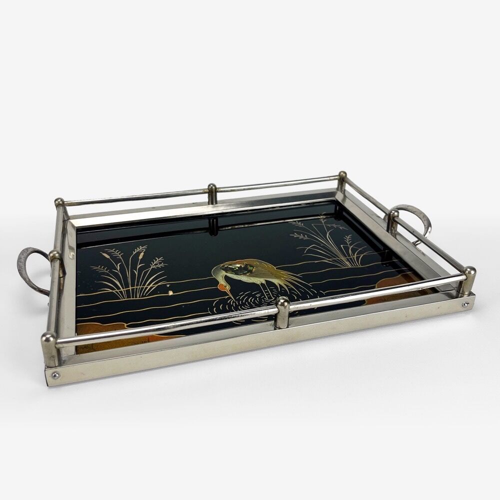 Art Deco tea tray glass and silver metal 30s