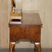 Vintage English walnut burr dressing table with mirror and chair.