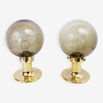Pair of golden Space Age lamps and smoked glass