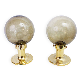 Pair of golden Space Age lamps and smoked glass