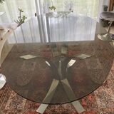 Table ovale vintage chrome et verre fume
