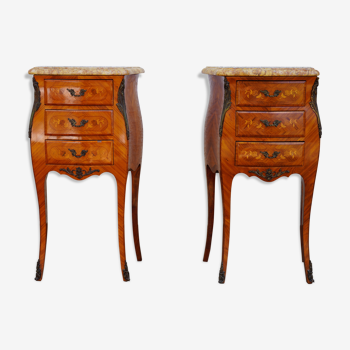 Pair of inlaid Tables of bedside shelf marble Louis XV