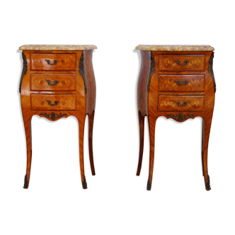Pair of inlaid Tables of bedside shelf marble Louis XV