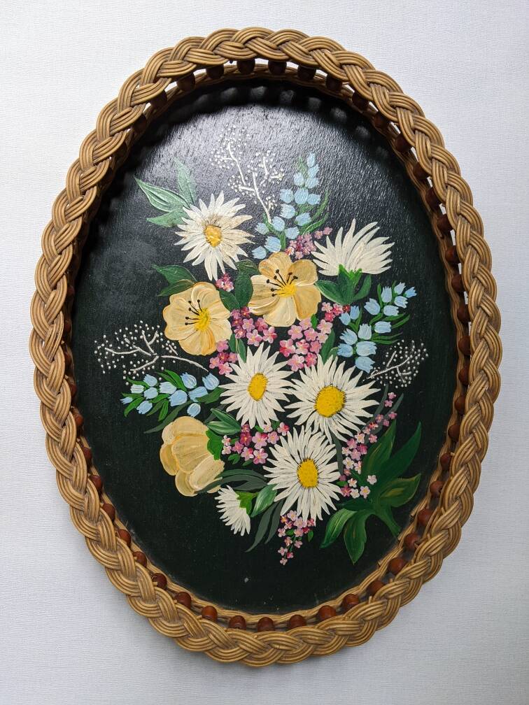 Serving tray with floral decoration, handmade braiding, bohemian countryside