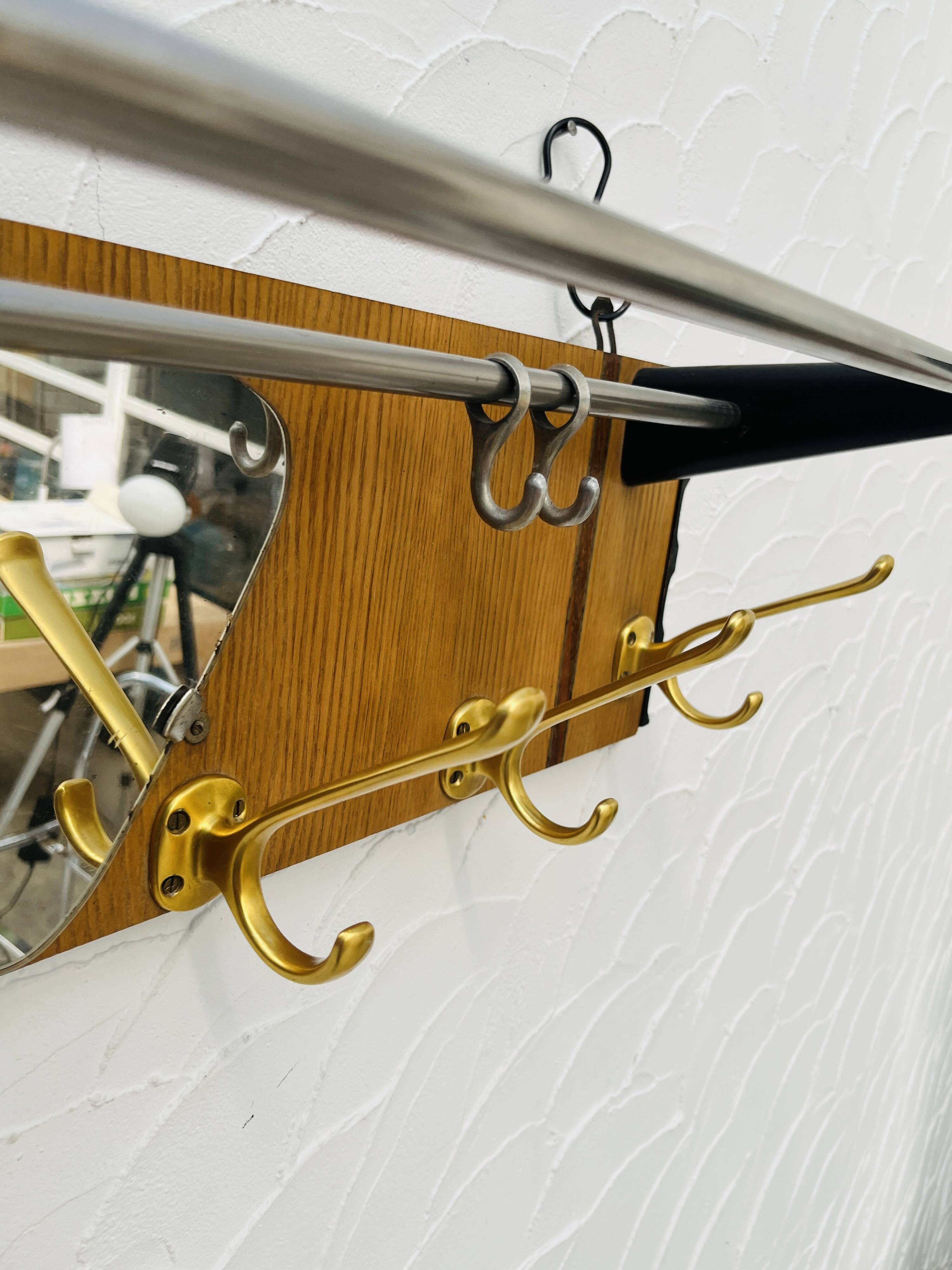 Vintage teak wall coat rack with mirror