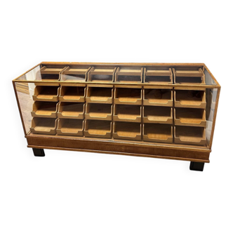 Old oak display counter with 24 drawers