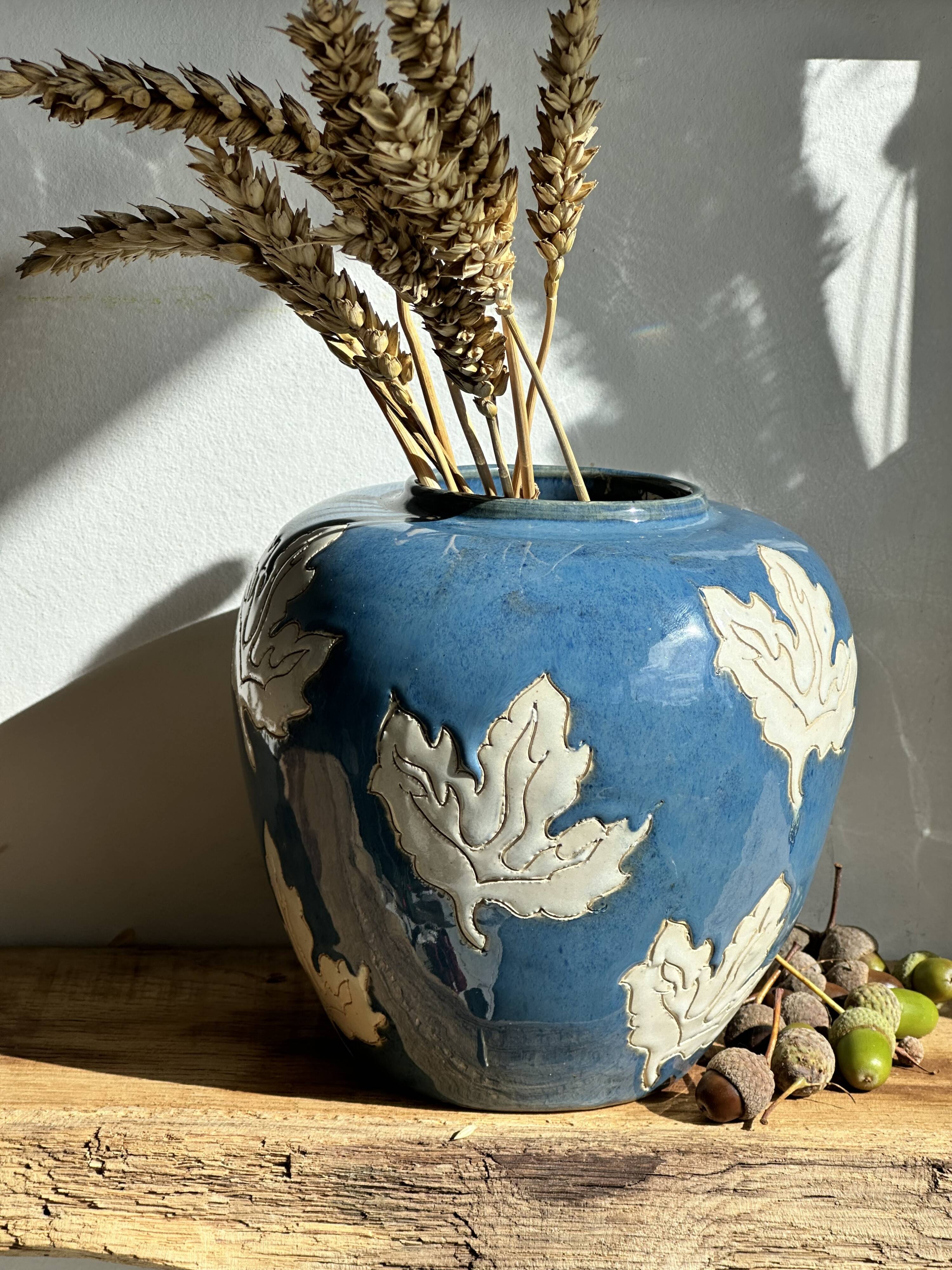 Magnificent Blue Glazed Ceramic Vase with White Plane Tree Leaves Decor