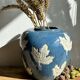 Magnificent Blue Glazed Ceramic Vase with White Plane Tree Leaves Decor