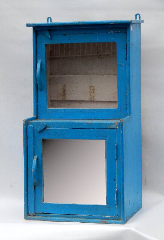Indian blue window glass and mirror vintage old teak wood