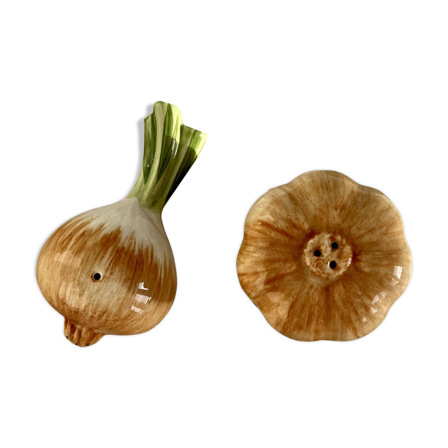 Vintage salt and pepper shaker in colorful vegetable, garlic and onion slip