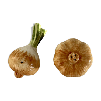 Vintage salt and pepper shaker in colorful vegetable, garlic and onion slip