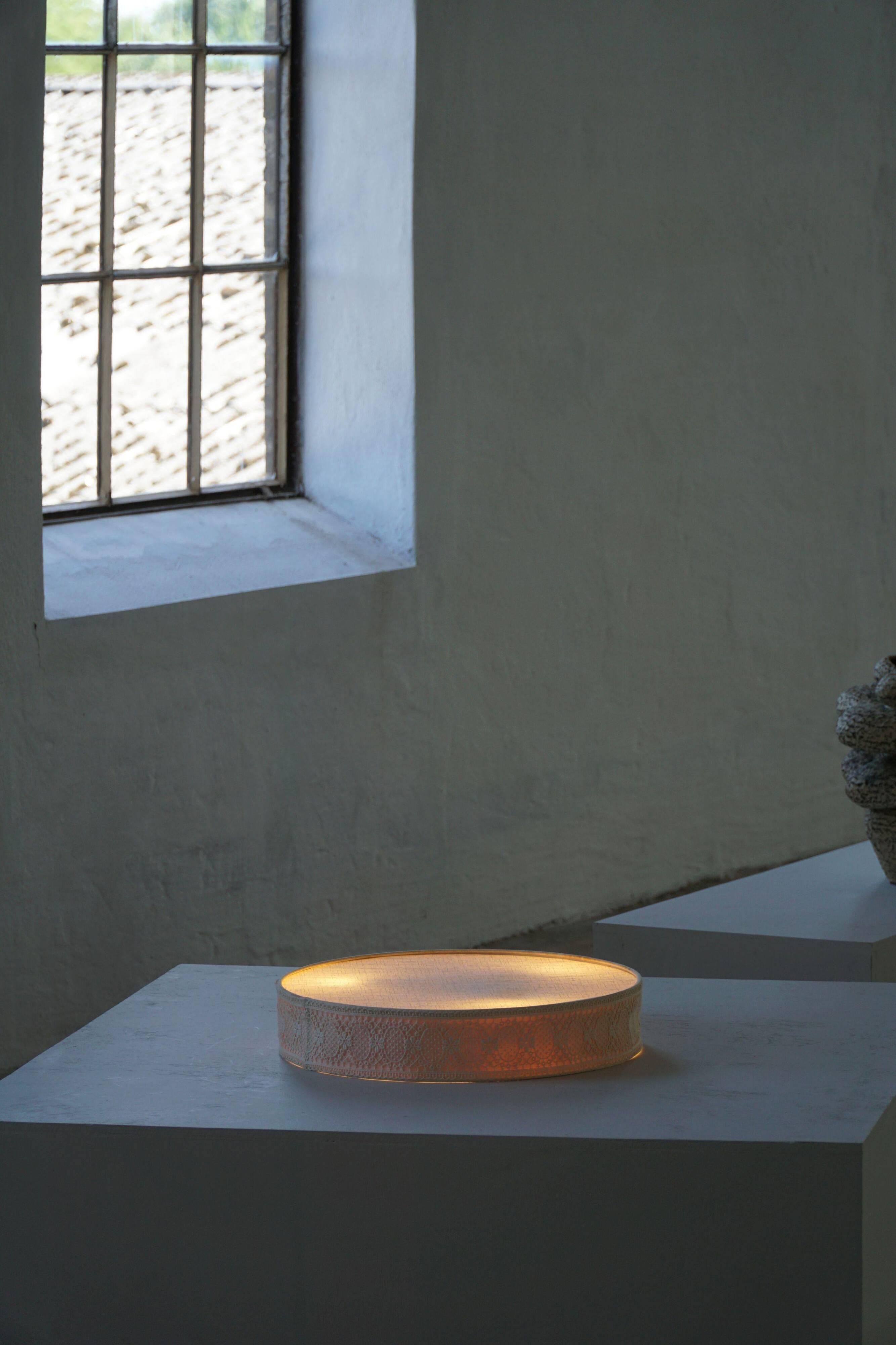 Mid-century modern wall sconce and ceiling light in linen and lace, Sweden, 1950s.