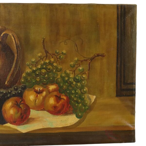 Nature morte aux fruits avec une cruche, huile sur toile, signée