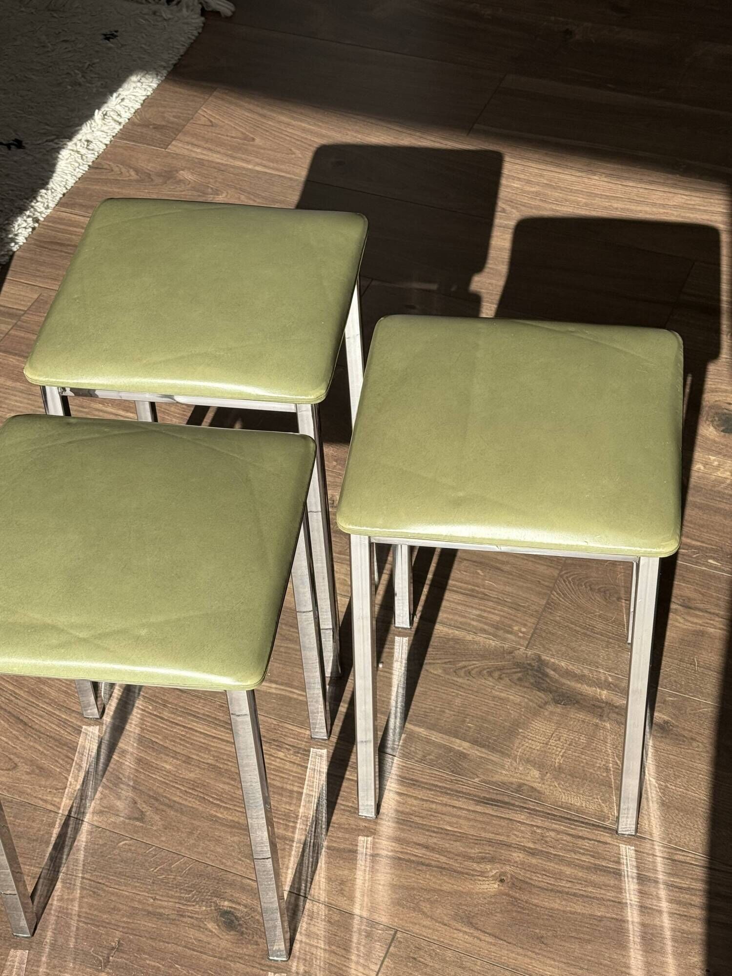 Set of 3 Vintage Stools - Chrome and Olive Green Seat