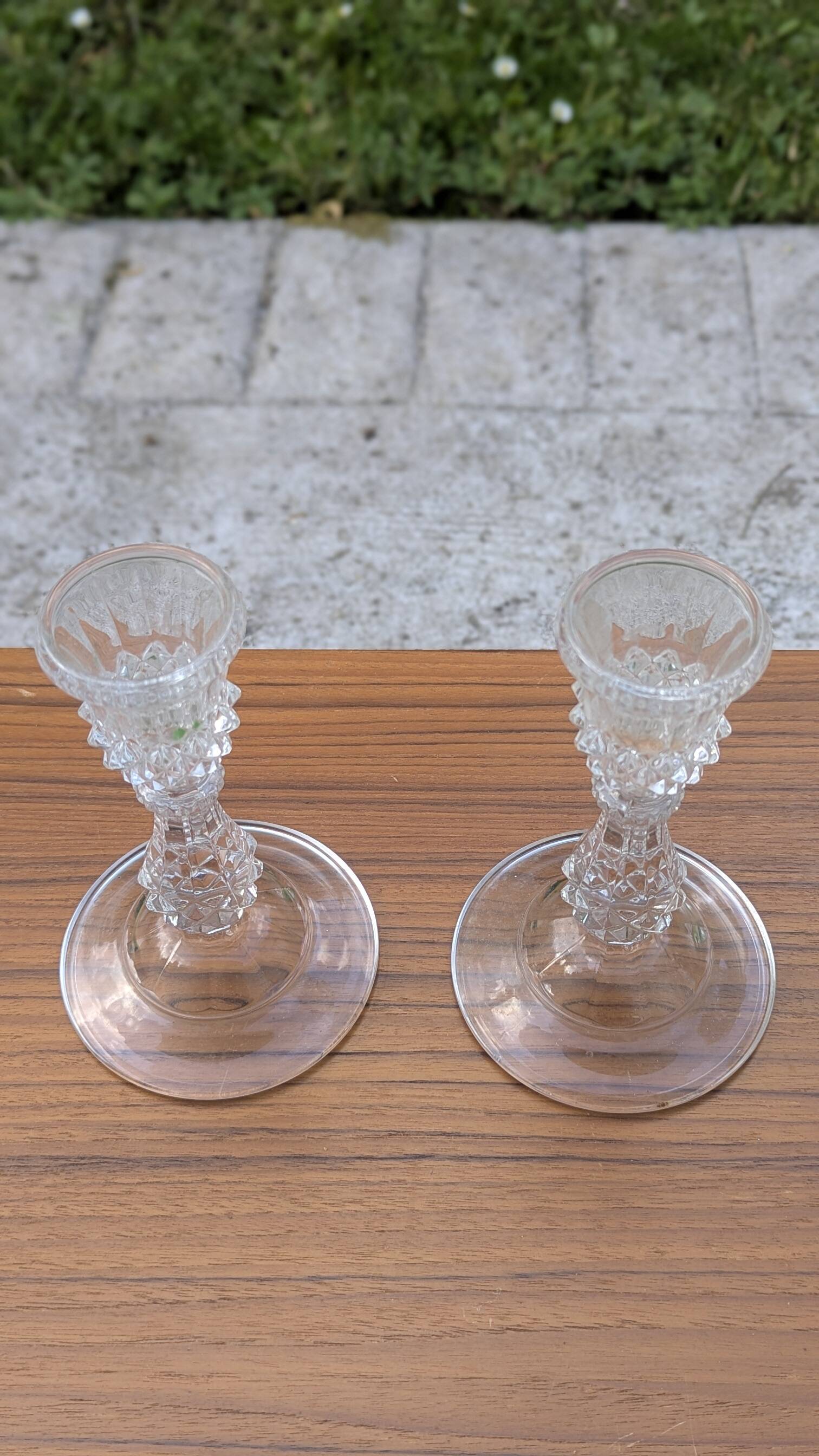 Pair of vintage glass candlesticks – Diamond point style