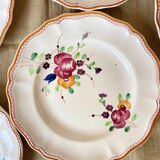 6 Plates and Dish with painted flowers Manufacture de Longchamp Model Monaco 1960s