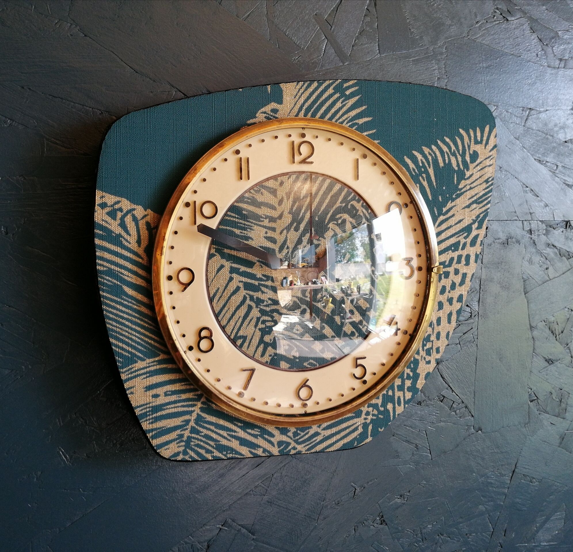 Vintage clock asymmetrical silent wall pendulum "Golden Green"