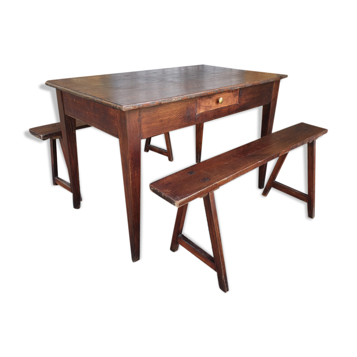 Small farm table and its two benches, vintage