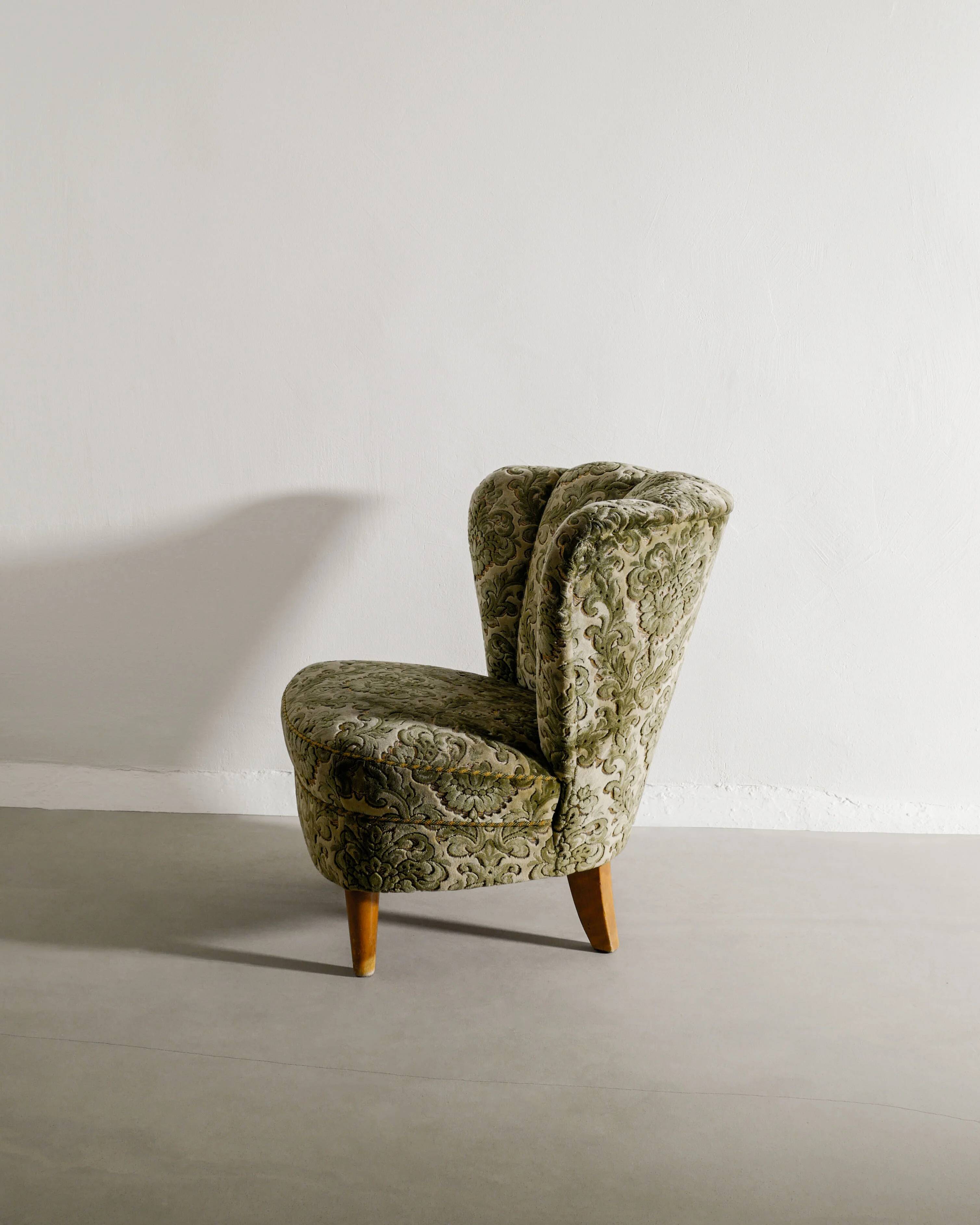 Vintage Swedish Modern Green Floweral Armchairs, 1940s
