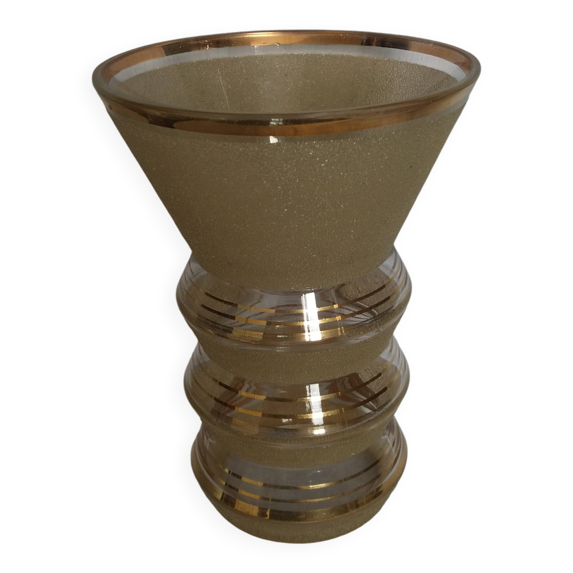 Frosted glass vase with a champagne finish and gold trim Art Deco
