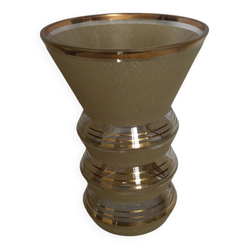 Vase en verre givré granité champagne et liserés dorés Art Déco