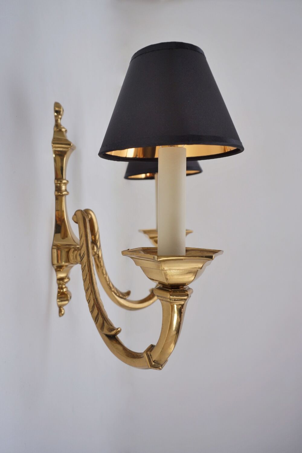 Pair brass wall lights sconces, twin arm, Neoclassical, 1950`s ca, English