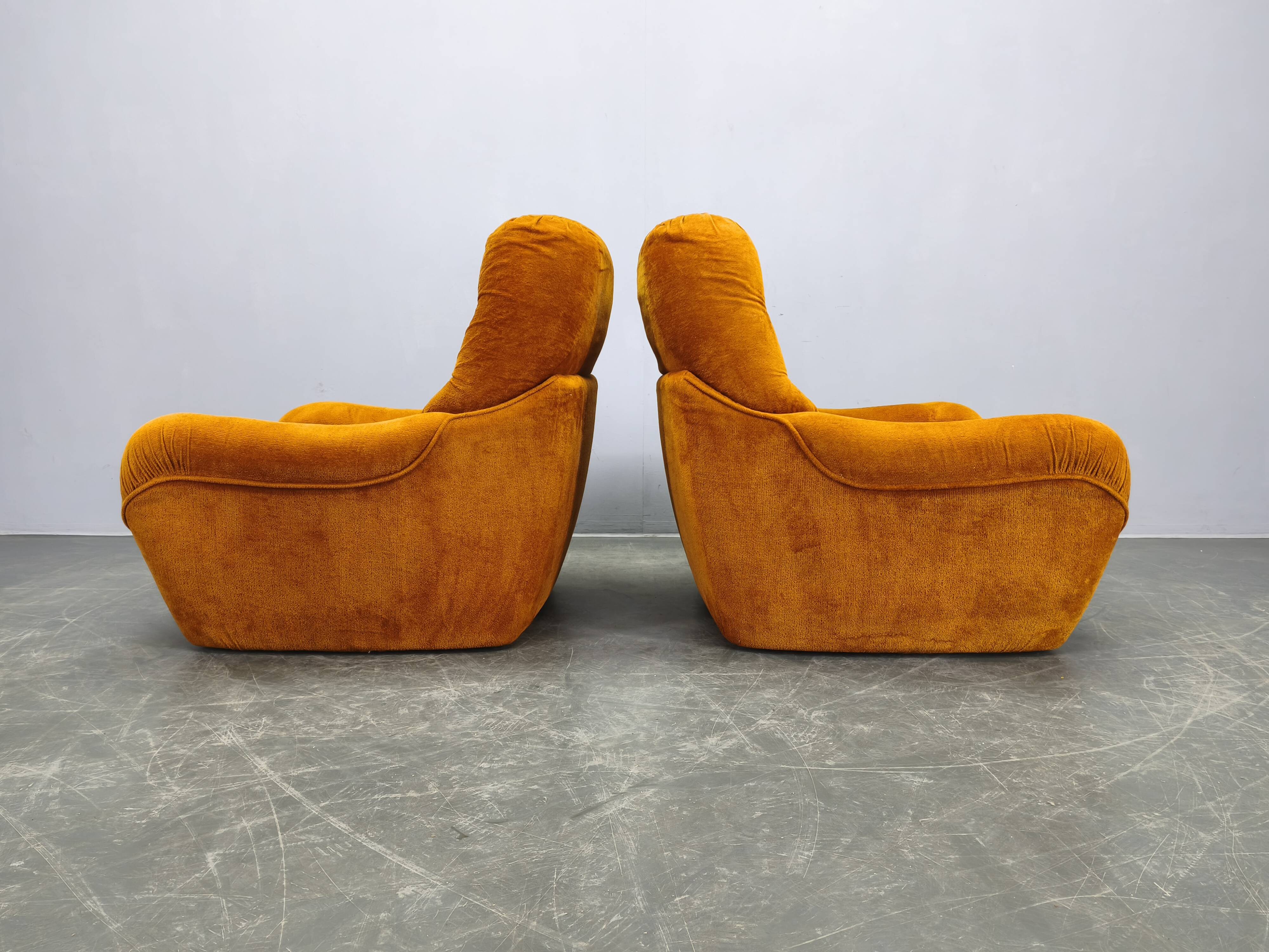 Pair of Italian Space Age Lounge Chairs, Orange Upholstery, 1970s