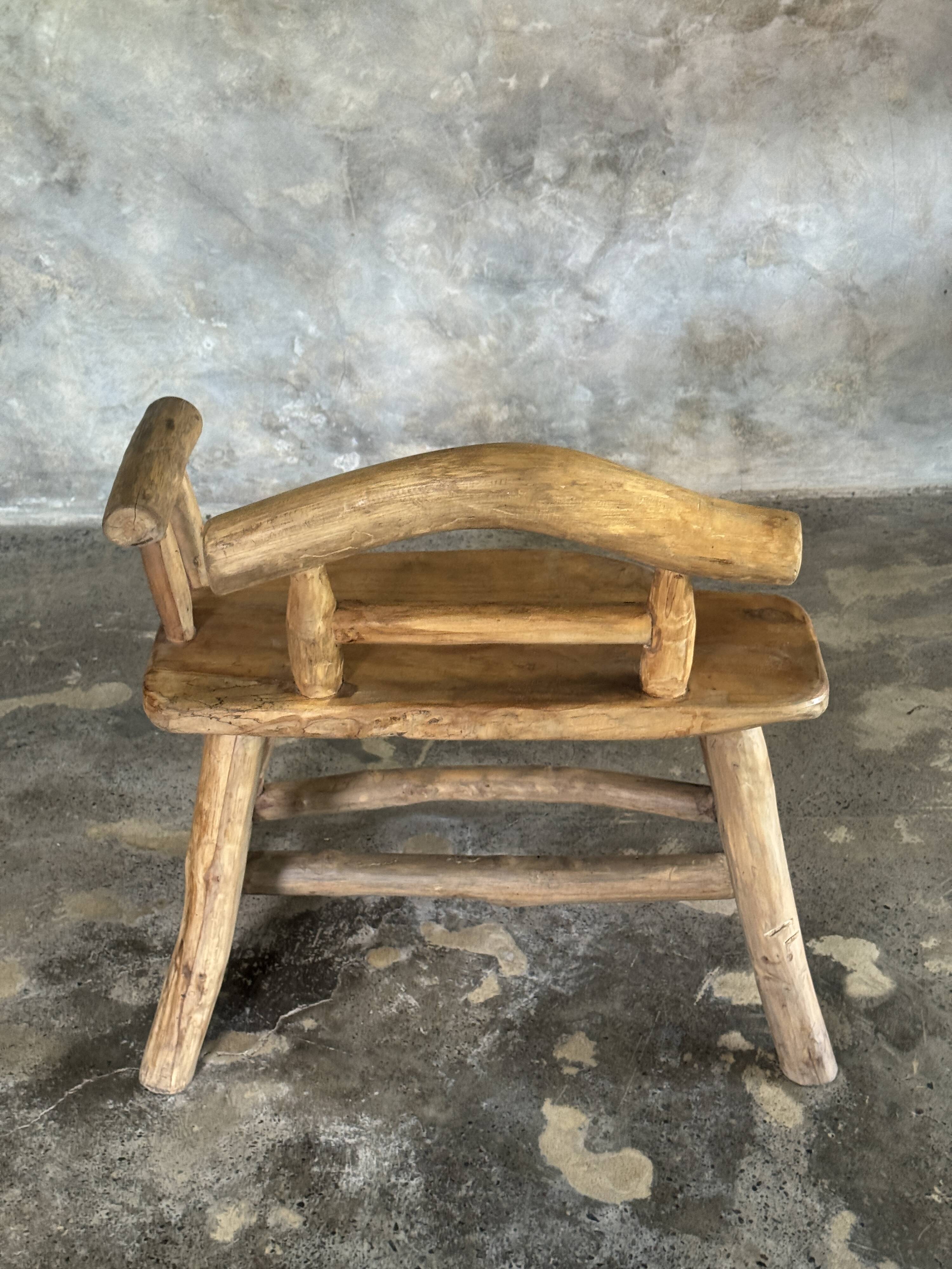 Small brutalist bench with backrest and armrests in Asian blonde teak H67 L6