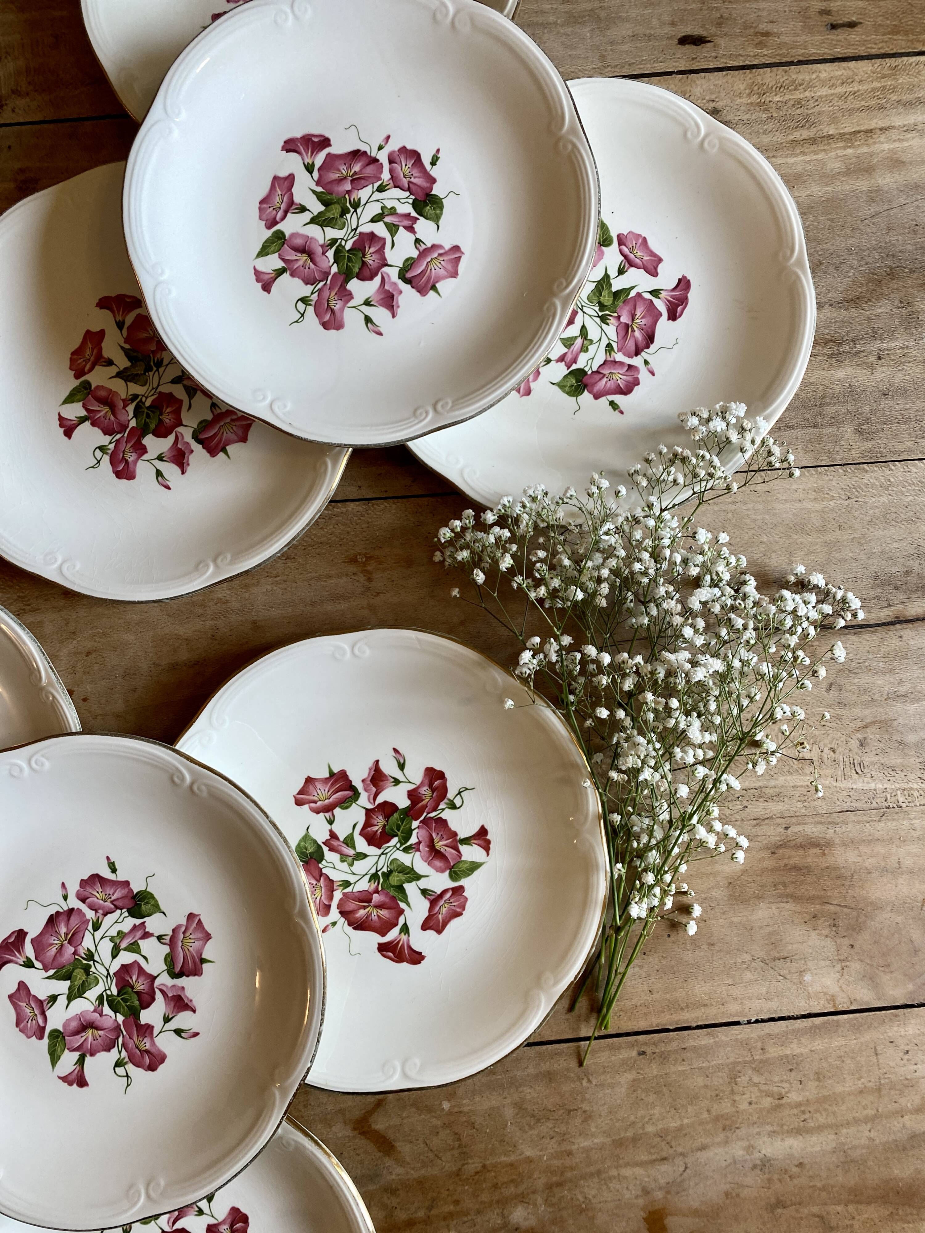 Set of 8 vintage flat plates model Liserons roses de Gien