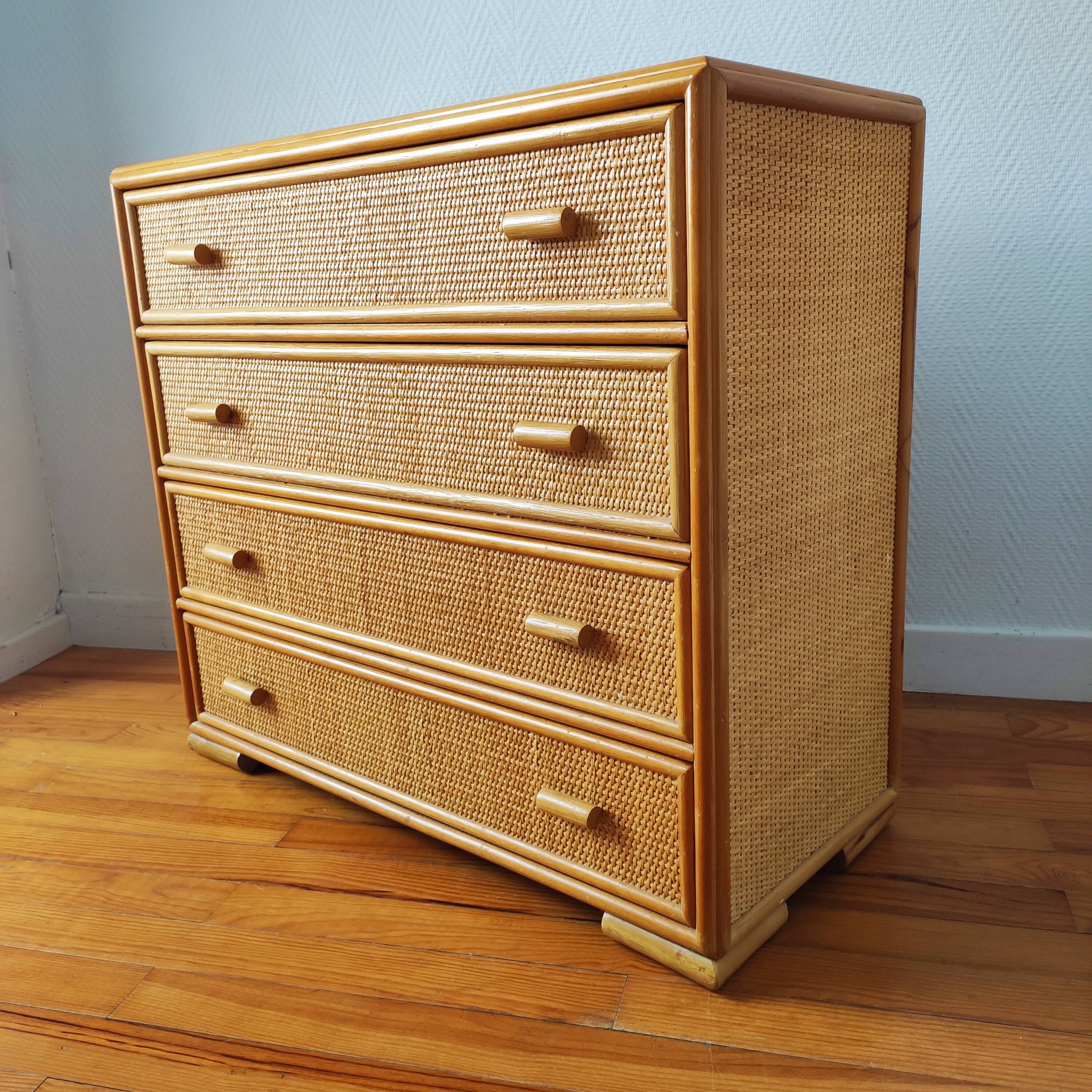 Vintage chest of drawers in light rattan