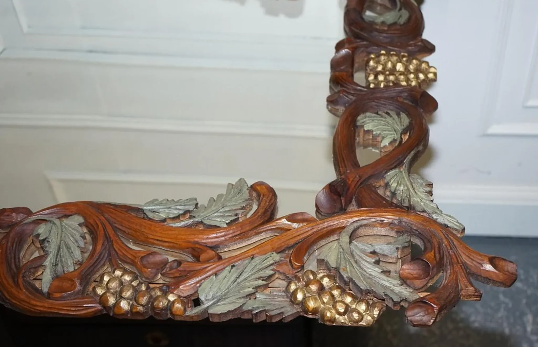 Vintage Black Heavily Carved Wooden Forest Wall Mirror