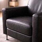 Modern Lounge Armchair with Matching Footstool — Black Leather