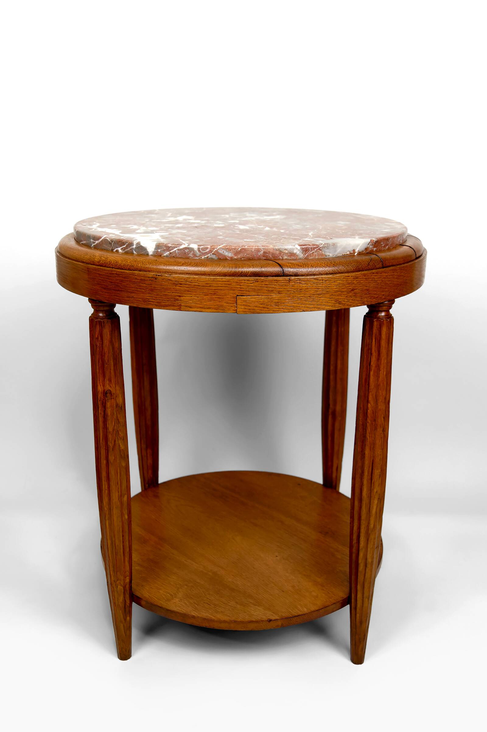 Pedestal Table, Side Table in Solid Oak & Griotte Marble Top