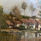 Oil on canvas landscape painting washerwomen, signed