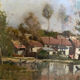 Oil on canvas landscape painting washerwomen, signed