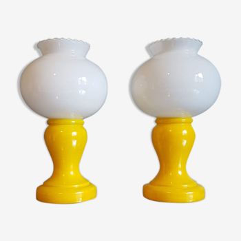 pair of white and yellow vintage opalescent glass lamps