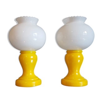 pair of white and yellow vintage opalescent glass lamps