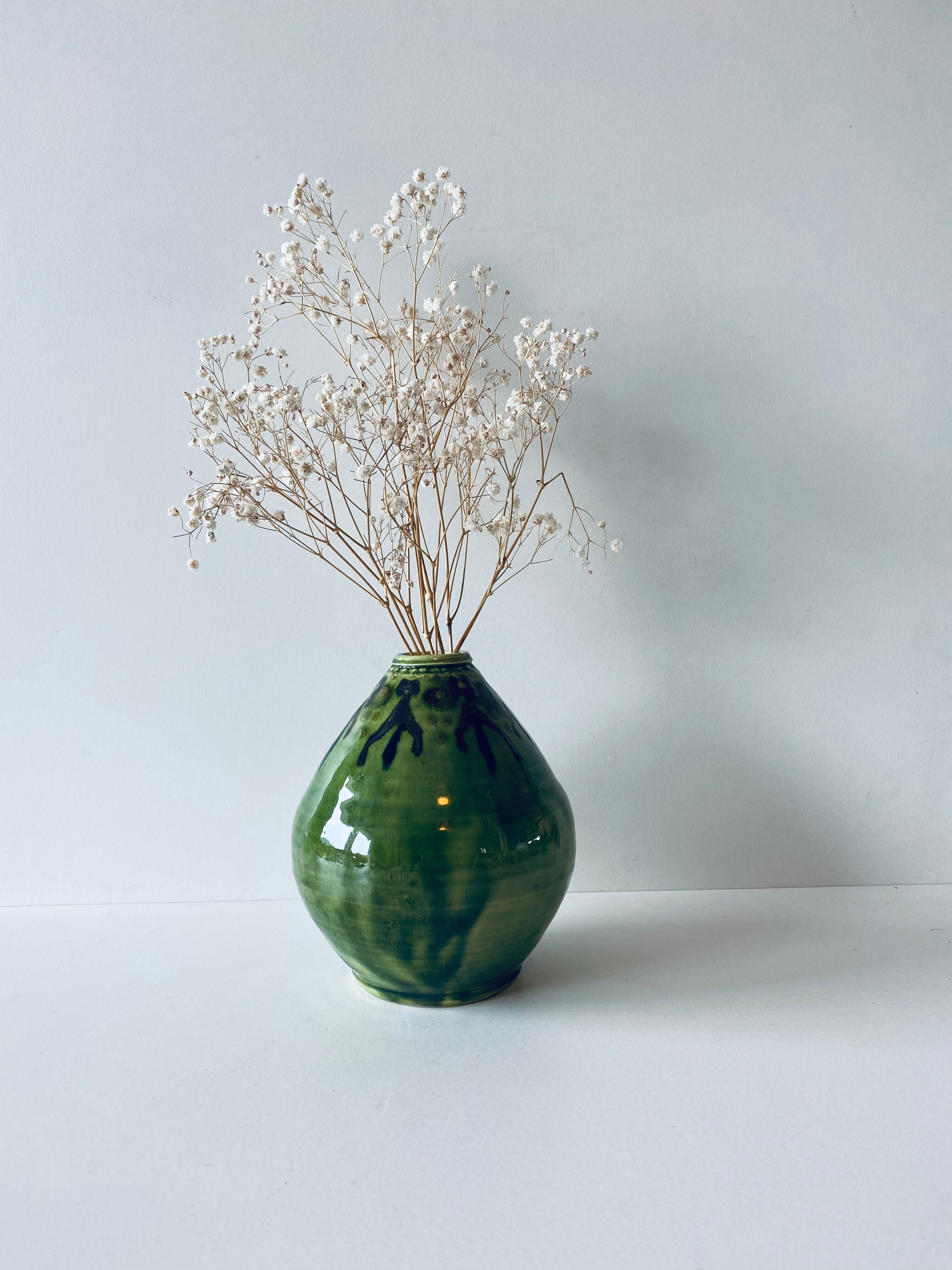 Signed ceramic green vase