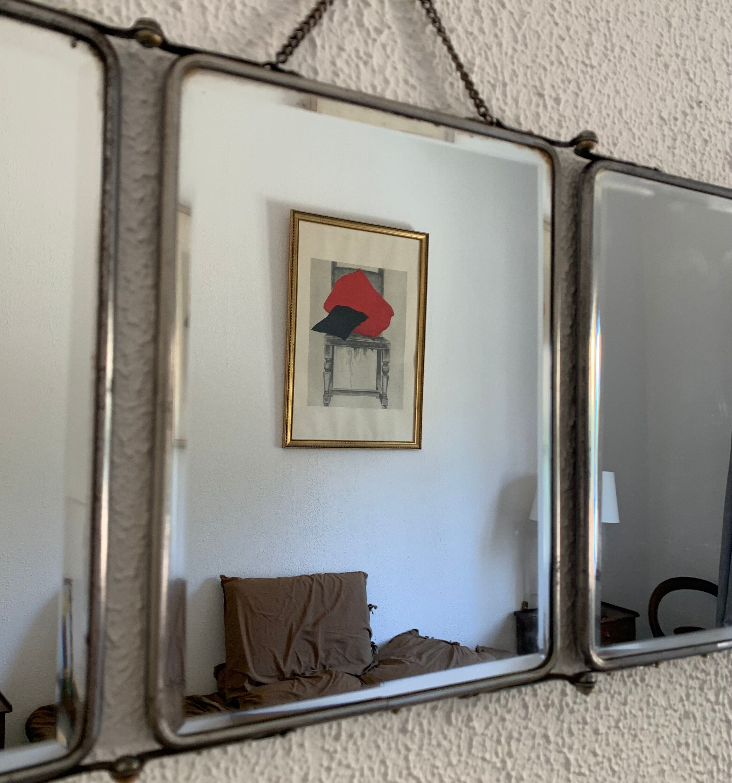 Vintage mirror 1950 triptych beveled purple barber - 25 x 58 cm