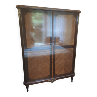 Large glass cabinet in marquetry wood and gilded bronze – Louis XVI style