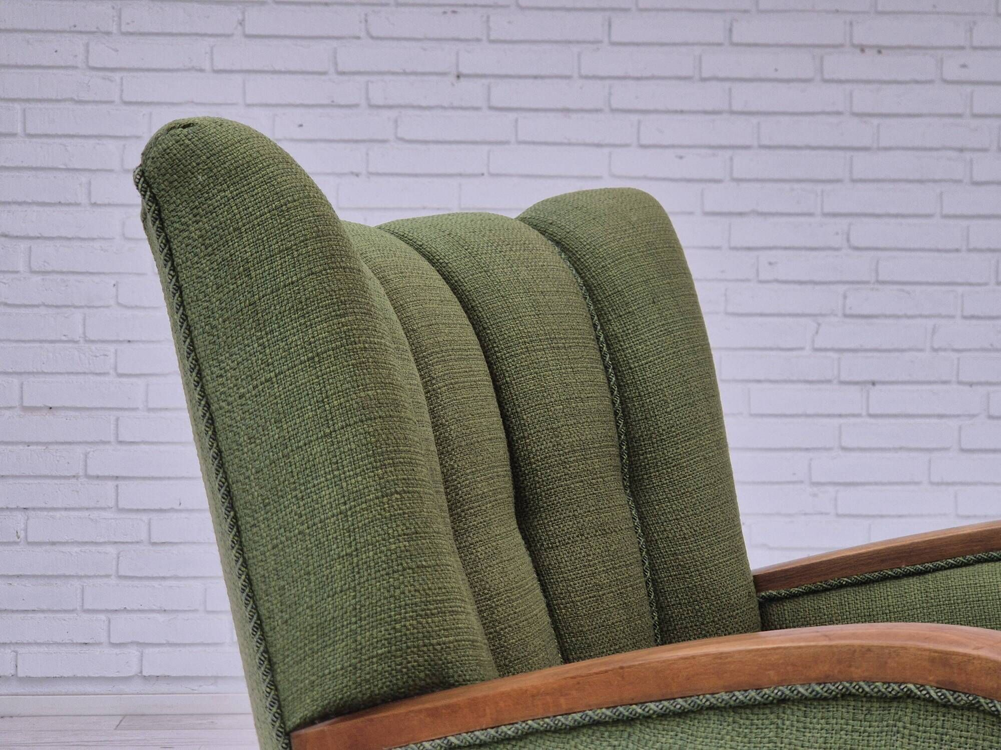 1950s, Danish artdeco armchair, green furniture wool, beech wood, original.