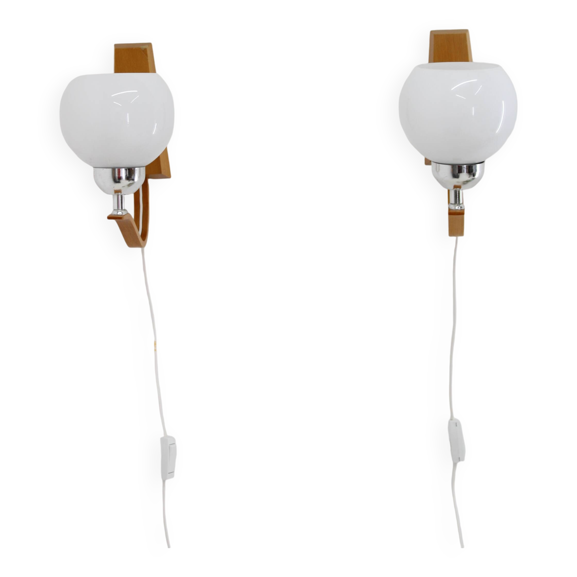 1960s Pair of Wooden Wall Lamps with Glass Shades by Drevo Humpolec, Czechoslovakia