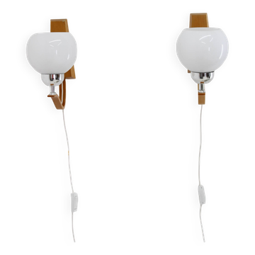 1960s Pair of Wooden Wall Lamps with Glass Shades by Drevo Humpolec, Czechoslovakia