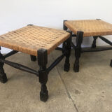 Pair of vintage end stools in turned wood and ropes, United Kingdom