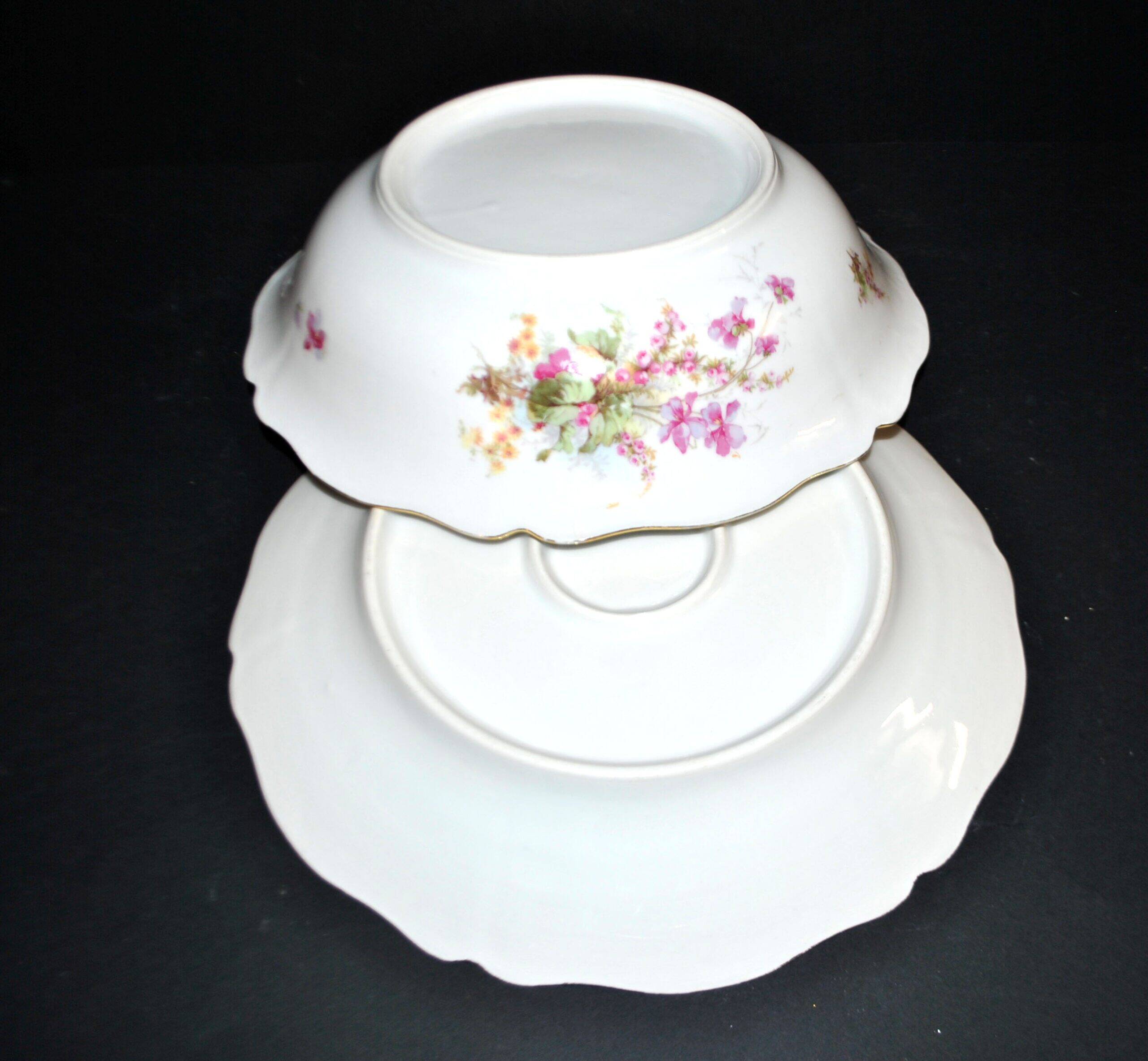 Vintage floral porcelain salad bowl with gilding + matching round plate